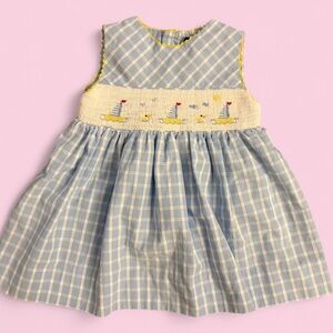 Carriage Boutiques Blue Check Nautical Baby Smocked Sailboat Dress Sz 9M